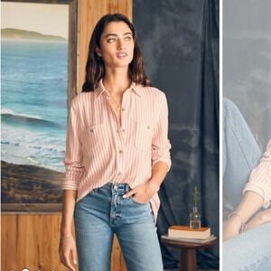 Faherty Brand Womens Pink White Striped Knit Button Down Shirt Size M Pocketed